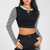 Kvinnors T-skjortor Kvinnor Fashion Wild Crop Tops Stripe Långärmad kontrast Färgknappar V-Neck T-shirts Spring Retro Slim Fit Streetwear