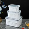 Garrafas de armazenamento para máquina de lavar louça, recipiente de alimentos seguro, caixas transparentes empilháveis com cesta de drenagem para frutas e vegetais secos
