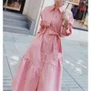 Robes décontractées Femmes Vintage Lace Up Rose Sweet Chic Chemise à poitrine unique Longue Automne Tendance Manches Streetwear Robe Robe élégante CY79