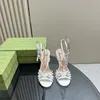 Gli ultimi sandali con cinturino in strass singoli con suola in cuoio italiano da donna moda tacchi alti di lusso