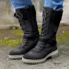 Boots Winter Women Boots 2023 Chunky Heel Platform Warm Shoes for Female Lace Knitted Midcalf Boot Fashion PU Motorcycle Boots