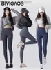 الجينز للسيدات Bivigaos Fall New Jeans Legging Winter Winter Fleece Stretch High Weist Pocket Pitness Sports Leggings الضيقة اليوغا Jeggingsc24318