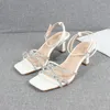 Sandaler skor för kvinnor 2024 Summer Crystal Strap Buckle White High Heel Stiletto Fashion Party Sexy Women's