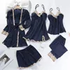 5 Pieces Pajamas Set Women Kimono Gown Satin Silk Sleepwear Casual Nightwear Intimate Lingerie With Lace Sexy Bathrobe Pyjamas 240309