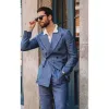 Suits New Male Suit England Style Casual Slim Fit Linen 2 Piece Chic Peak Lapel Double Breasted Blazer Wedding Groom Beach Thin Suit