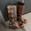 Buty 2024 Woman Boots Vintage Brown Round Stopa Midcalf But Autumn/Winter Knight Walka Gothic Medium Motorcycle Motorcycle Motorcycle