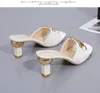 Summer New Mid Heel Open Toe Sandals for Women's Outsider Wear Square Heel Slippers