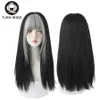 Synthetic Wigs Lace Wigs 7JHH WIGS Highlighted Grey Black Kinky Straight Synthetic Wigs With Fluffy Bangs For Women Daily Wear Toupee Heat-Resistant Hair 240327