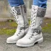 Boots Winter Women Boots 2023 Chunky Heel Platform Warm Shoes for Female Lace Knitted Midcalf Boot Fashion PU Motorcycle Boots