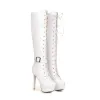 Stövlar Reave Cat Winter Ladies Knee High Boots Belt Buckle Round Toe Spets upp 13 cm Plattformar Zip Stiletto Heel Shoes US14 White A4207