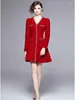 Casual Dresses Fashion Runway Small Fragrant Red Tweed Dress Women's V Neck Long Sleeve Weave Woolen Vintage Buttons Mini A Line Vestidos