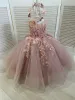 Robes à fleurs mariages sans manches robe de soirée en Tulle pour enfants fille dentelle Appliques princesse robe de bal Pageant MC