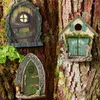 Decorative Figurines Engraved Design Wooden Miniature Fairy Gnome Door Windows Lawn Ornament Garden Decoration Outdoor Kid Gift