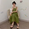 Casual Dresses Green White Sexy Sling Square Collar Backless Big Bow Tie Sweet Dress Girl 2024 Summer Vintage Fashion Fairy