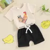 Kleidungssets 2-teiliges Sommer-Outfit für Babys, kurzärmelig, Hahnenmuster, Oberteile, Shorts, Säuglingskleidung