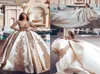 Neues Ballkleid-Korsett-Hochzeitskleid mit goldfarbenen Applikationen, Prinzessin, schiere U-Ausschnitt, lange Ärmel, applizierte Brautkleider, formell, Chap3262206