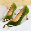 Pumps Women 7cm High Heels Green Burgundy Pumps Lady Metal Cap Toe Velvet Medium Low Heels Fetish Nightclub Evening Party Office Shoes