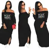 Casual Dresses APIPEE Women Autumn Winter Off Shoulder Slash Neck Black Smart Letter Print Tie Up Sleeve Side Slit Maxi Long Dress