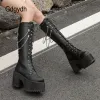 Boots Gdgydh Black Leather Pu High Quality Winter Platform High Heels Shoes With Chain Gothic Metal Combat Knee High Boots Women Zip