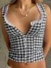 Dames Tanktop Dames Geruite print Kanten rand Cami Mouwloze tanktop Zomer Casual Button Down Bandage Open rug Bustier Crop Tops