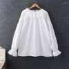 Chemisiers pour femmes printemps été Style japonais Mori fille douce dentelle col rond manches longues coton et lin pull chemise femmes