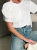 Women's T Shirts Spring Elegant 3d Pleated Flower Shirt Women Fashion Solid Round Neck Short Sleeve Tops 2024 Summer Casual Office