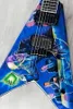 맞춤 상점 Dave Mustaine Rust in Peace Blue Flying V 전기 기타 수공예 페인트, 액티브 픽업 9V 배터리 상자, 검은 색 하드웨어, 상어 지느러미 인레이