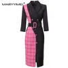 Casual jurken MARYYIMEI Mode damespak met driekwart mouwen, geruite print, onregelmatige knopen, patchwork, riem, potlood, midi-jurk