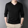 Top Grade Fashion Brand V Neck Solid Color Plain Soft 100 % Cotton t Shirt Men Long Sleeve Tops Casual Mens Clothes 240307