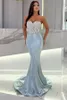 Nouveau sexy bleu clair sirène robes de soirée arabe dubaï chérie appliques plis satin longue occasion robes de soirée robe de bal porte BC18408