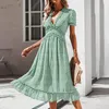 Casual Dresses Printed Summer Dress V Neck Short Sleeve A Line 2024 Fashion Lady Beach Long Robe Ruffled Elegant For Women