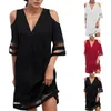 Casual Kleider Kalte Schulter Mesh Mini Kleid Für Frauen Sommer V-ausschnitt Kurzarm Einfarbig Weibliche Elegante Vestidos