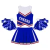 Costume da ballo uniforme da cheerleader per bambina con scollo a V, gilet stampato con gonna a pieghe e set di 1 paio di palline di fiori con nappe 240305