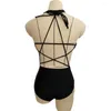 Women's Swimwear Sexy Cut Out One Piece Swimsuit Women Solid Black Open Back Monokini Strappy Bathing Suit Push Up High Neck Backless