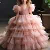 Abiti da ragazza personalizzati rosa tulle abito da ballo scollo a V a strati manica corta fiore per matrimonio comunione festa gonna spettacolo FL4-4.4