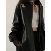 Women's Jackets Autumn American Vintage Embroidered Leather Jacket Women Black PU Faux Fur Coat Letter Jaqueta Chaquetas Mujer