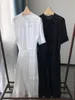 Robes de soirée Blanc Noir Deux Pièces Ensemble Robe Midi Femmes Dentelle Couture Fendue Manches Courtes Viscose À Lacets Femme Élégante Robe À Col Rond