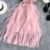 Casual Dresses Frenchic Tulle Women Crochet Patchwork Spaghetti Strap Irregular Mesh Female Elegant Dress Beach Sexy Vestidos Dropship