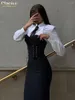 Vestidos de trabajo Clacive Fashion Slim Black Conjuntos de 2 piezas Traje de mujer Camisa de manga larga elegante con vestido midi sin tirantes Conjunto de ropa de calle