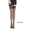 Women Socks Sexy Fishnet Thigh High Stockings With Silicone Lace Top Tights Diamond Plaid Floral Patterned Over Knee