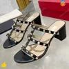 heels shoes woman designer Riveted women's thick heel sandals Classic leather sandals Large size34/42cm with Dust Bags