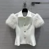 Ternos femininos 2024 Moda Faux Fur Bubble Mangas curtas Slim Fit Blazer Jacket Mulheres de colarinho de colarinho de gola de gola única