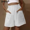 Damen-Shorts, Sommer, solide Taschen, Baumwolle, Leinen, breites Bein, kurze Hosen, weiblich, lässig, locker, Streetwear, hohe Taille, Shorts, Pantalones CortosC243128