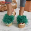 Flops Aphixta Furry Green Wedge Platform Slides Damesschoenen 9cm slippers slippers slippers hakken schoenen strand sandalen plus maat 43