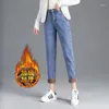 Jeans Femme Femmes Bleu Plus Velours Automne Et Hiver Chaud Casual Denim Pantalon Dames Mode Taille Haute Bouton Épais Pantalon Droit