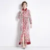 Tight Waist Slimming Maxi Dress With Belt For Women Summer Autumn Elegant Printed Cardigan Long Shirt Dress Floor Length Party Long Sleeve Vestido de mujer