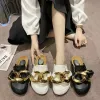 Boots Slippers Casual Shoes Low Slides Mules For Women 2022 Cover Toe Pantofle Luxury New Summer Flat Fashion Basic PU Chain Flat Shoe