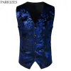 Gilet di lusso Royal Blue Paisley Bronzing Vest Uomo Slim Fit Scollo a V Abito da sposa Gilet Uomo Gotico Aristocratico Steampunk Gilet vittoriano