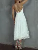 Freizeitkleider Damen Sommer Midi Hängegurt Mesh Weißes Kleid Blume bestickt Italienische Nudel Ärmellos Layered Party