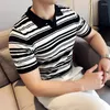 Heren Truien Casual Gestreept Korte Mouw Top Stretch Gebreid T-shirt Slim Fit Retro Revers Trui Poloshirt Mode 2024